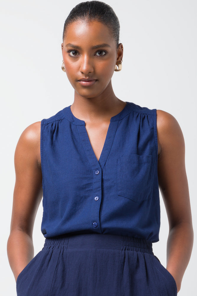 Casual Chic Wear Sleeveless Shirt Linen Navy