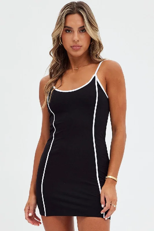 Sporty Elegance Black Mini Dress Sleeveless Bodycon Binding Detail