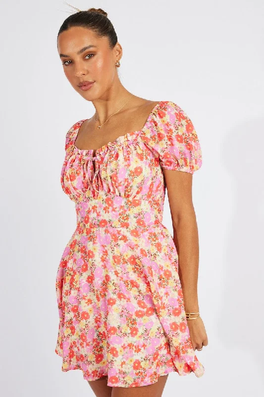 Breathable Design Pink Floral Fit And Flare Dress Puff Sleeve Mini