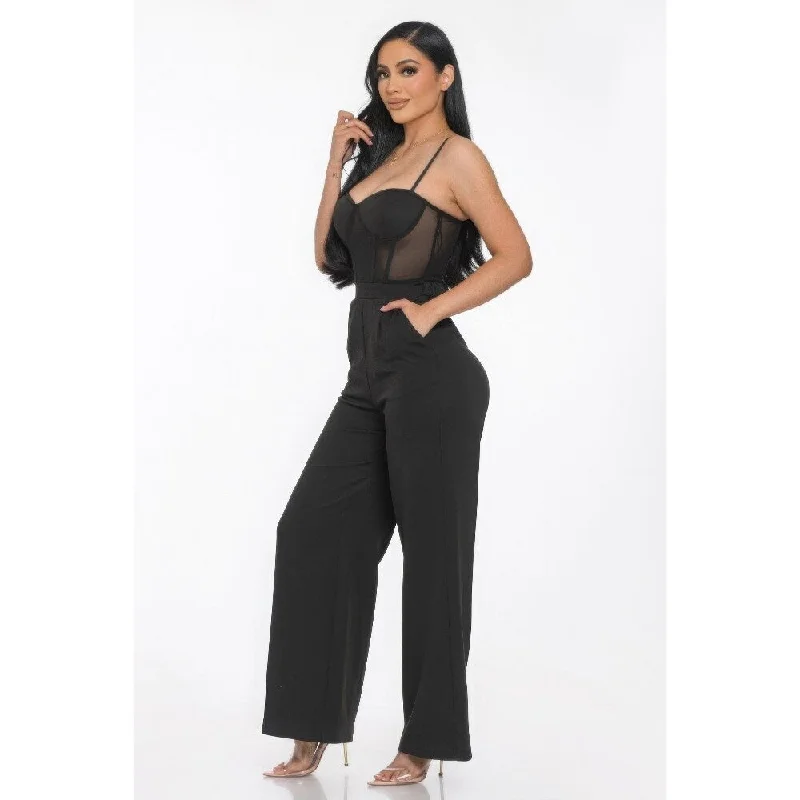 Personality Publicity Mesh Insert Cup Wide Leg Jumpsuit