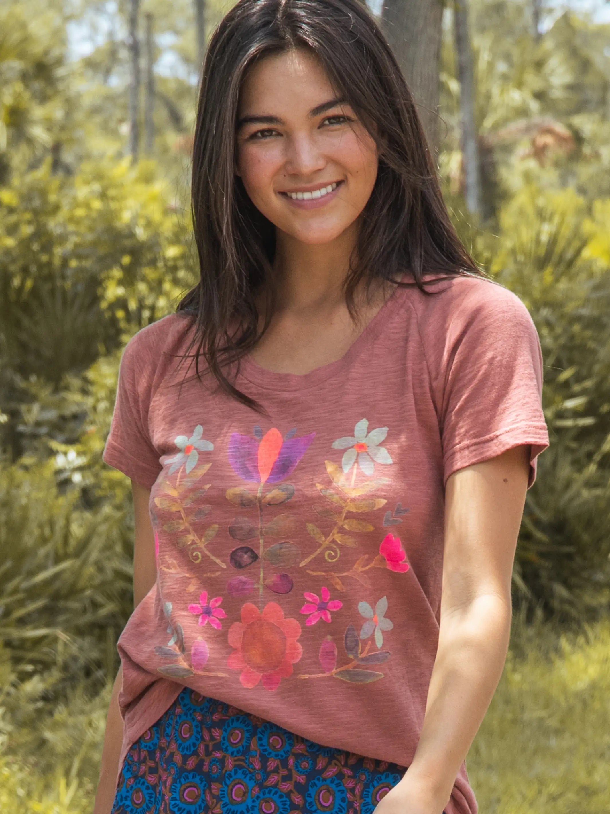 Street Cool Boho Cotton Tee Shirt - Rust Folk Flower