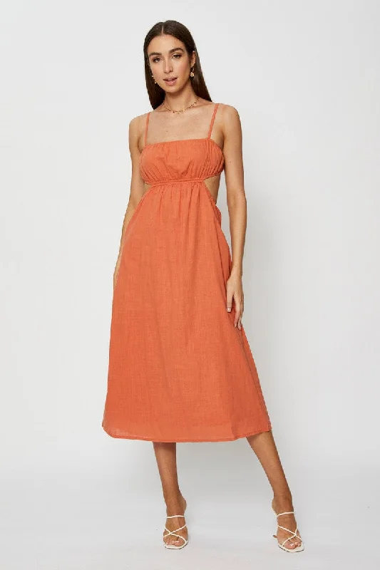 Embroidered Letters Brown Midi Dress Sleeveless