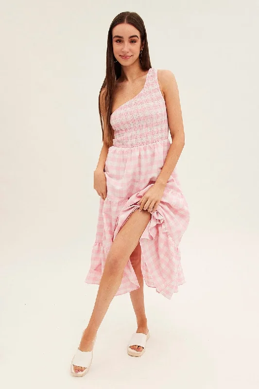 Street Fashion Pink Check Midi Dress One Shoulder Shirred Body
