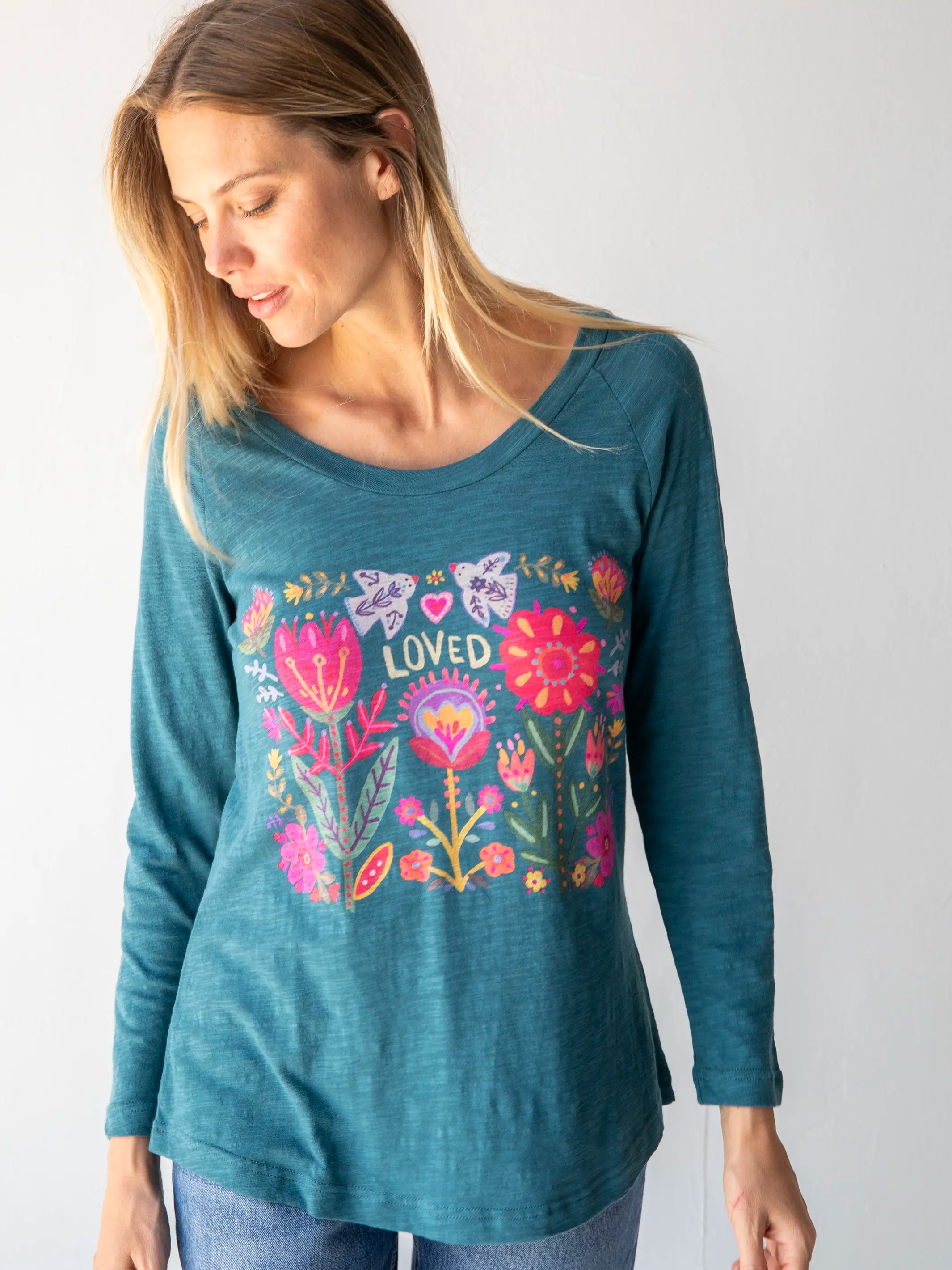 Breathable Design Long Sleeve Boho Cotton Tee Shirt - Loved Teal