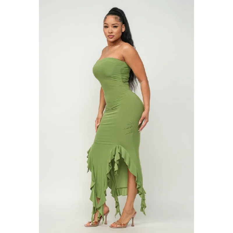Fashionable In The Times Polyester Solid Bottom Ruffle Trim Hem Slit Tube Maxi Dress