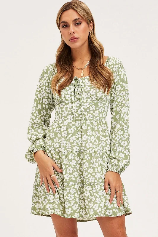 Street Vertical And Horizontal Design Print Mini Dress Long Sleeve Square Neck