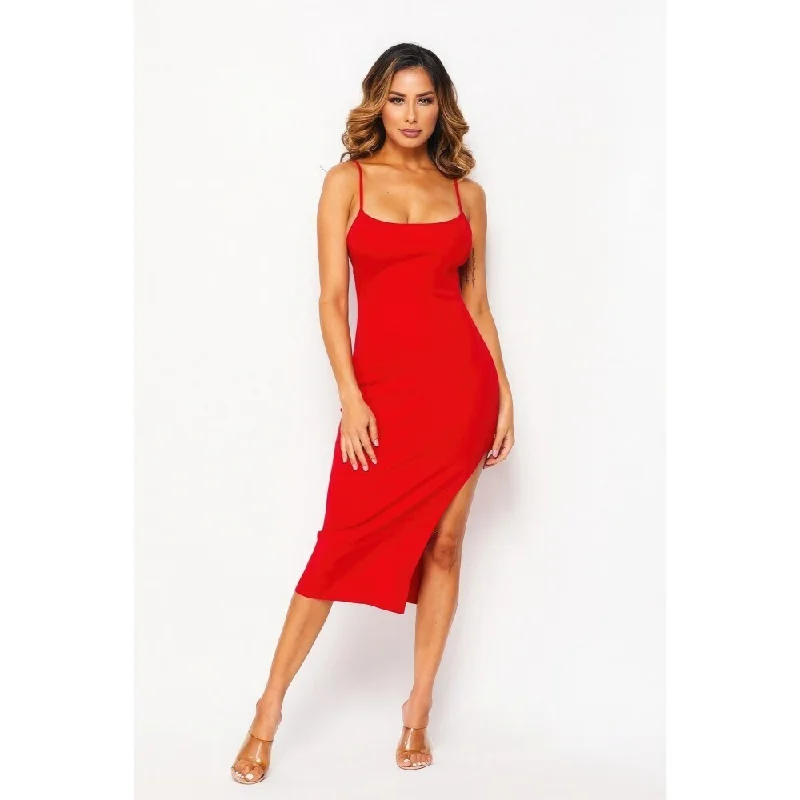 Literary Style Red Flattering Side Slit Cami Dress Perfect for Various Occasions