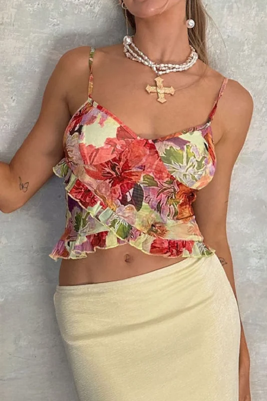 Noble And Elegant Petra Floral Mesh Ruffle Tank
