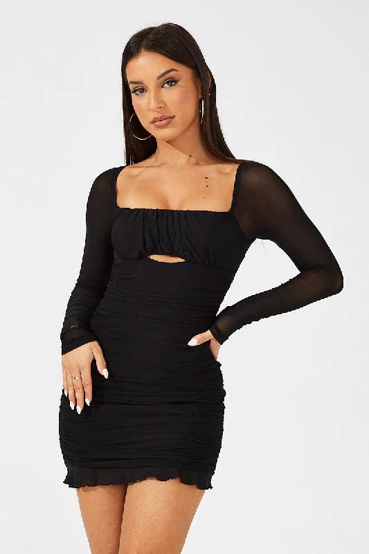 Floral Prints Black Bodycon Dress Ruched Mesh
