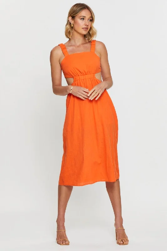 Retro Fashion Orange Midi Dress Sleeveless