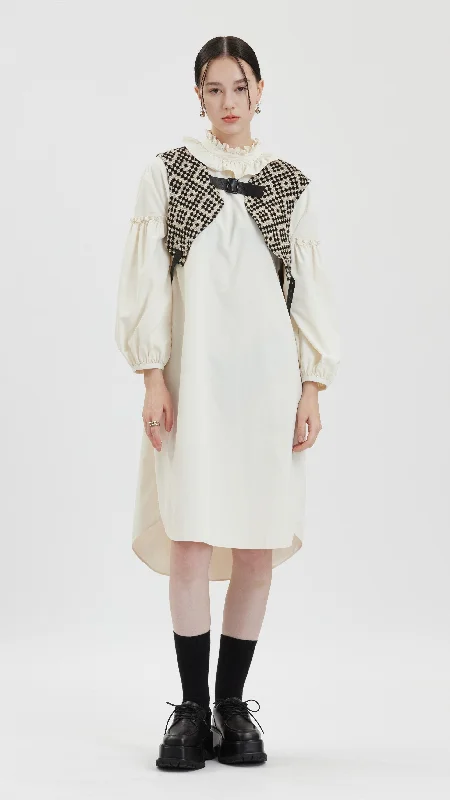 French Retro Ruffle Collar With Puff Sleeves Dress