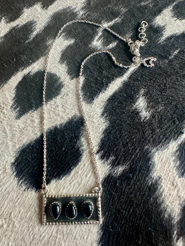 Personalized Wear Black Onyx 3 Stone Bar Necklace