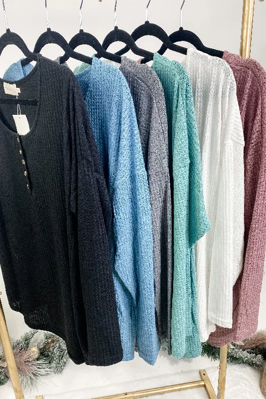 Classic Retro Feel The Frost- {Black, Blue, Charcoal, Ivory, Mauve & Sage} Long Sleeve Waffle Knit w/ Button Neck