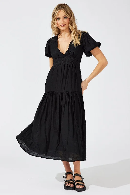 Modern Tailoring Black Maxi Dress Puff Sleeve