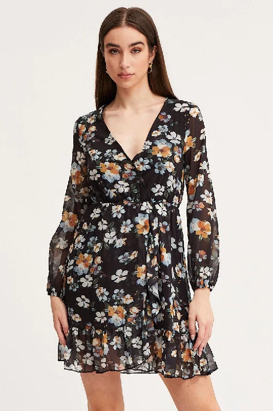 Hip-hop Style Print Mini Dress Long Sleeve V Neck