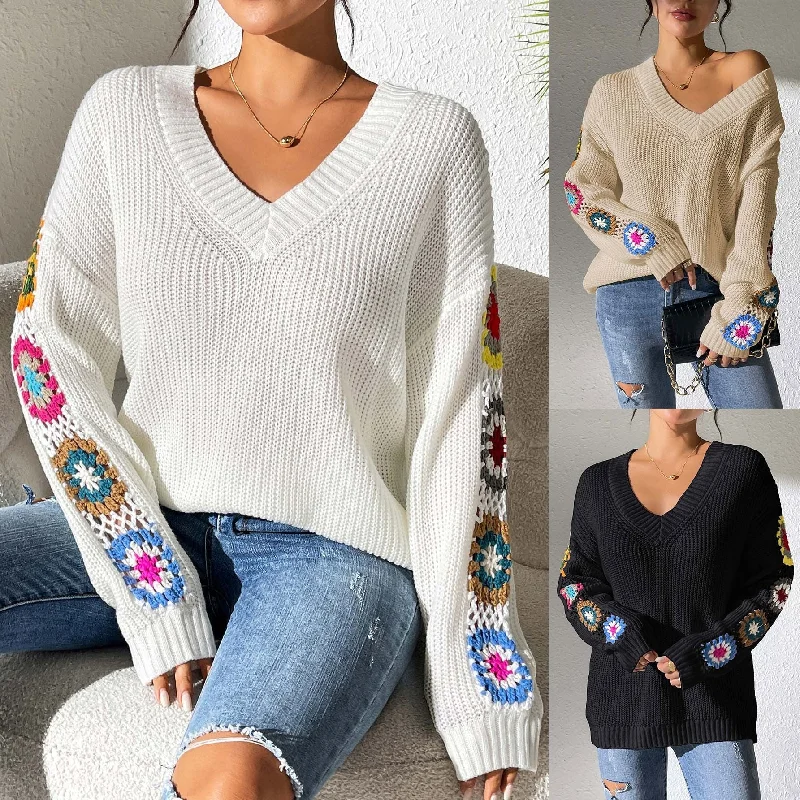 Lounge Chic Autumn And Winter Crochet Stitching V-neck Pullover Sweater