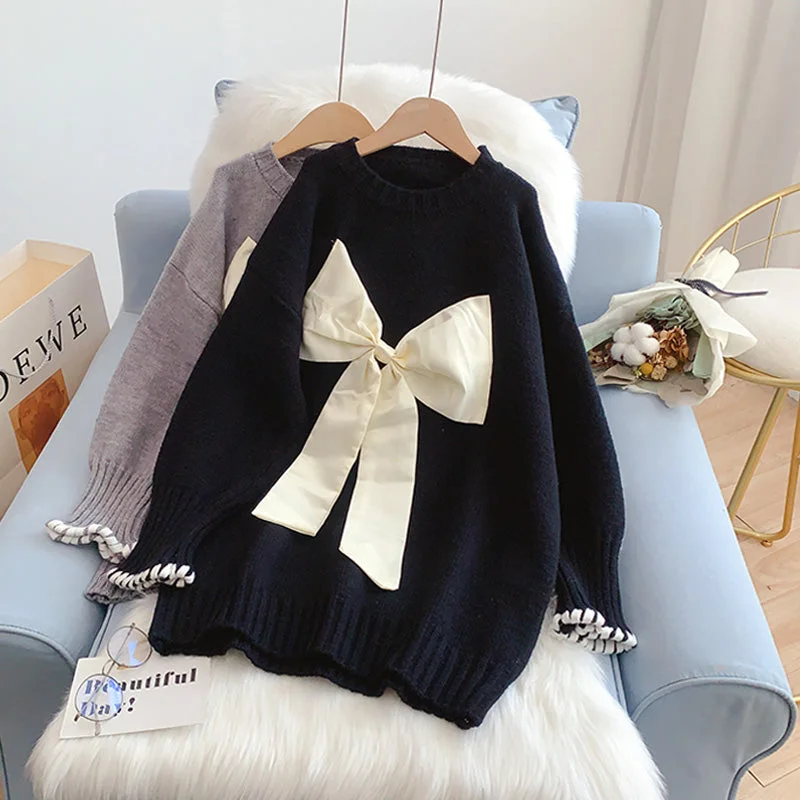 Playful Style Bow sweater lazy knit bottomed shirt  5004