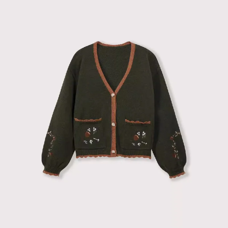 Versatile Items Lace Olive Green Pocket Embroidered Button Knitted Coat