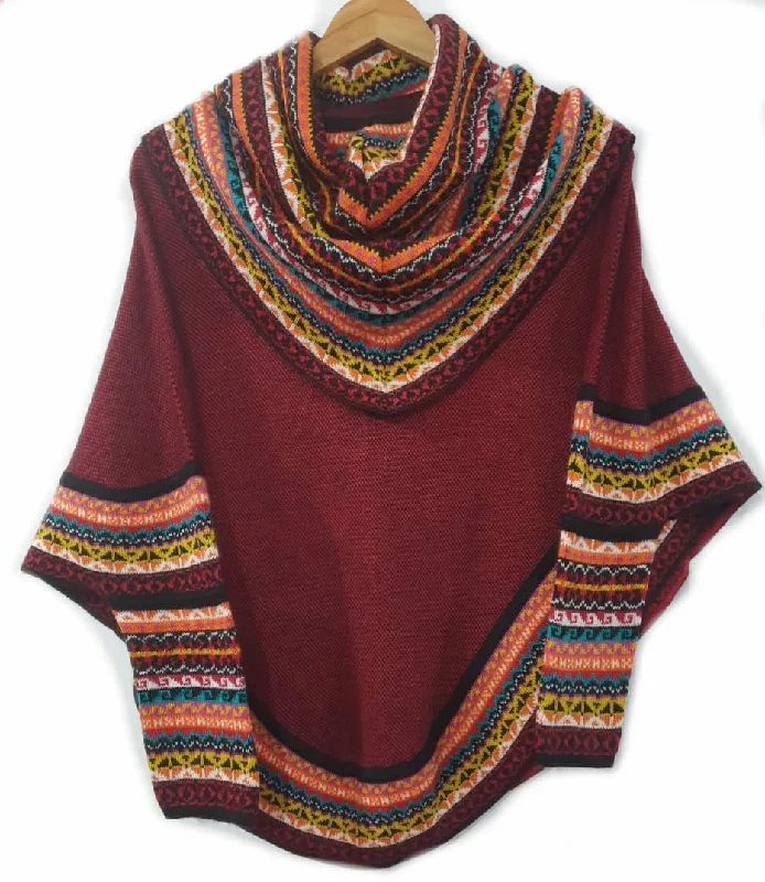 Effortless Comfort Knitted Turtleneck Poncho Cape Maroon Superfine Alpaca Wool