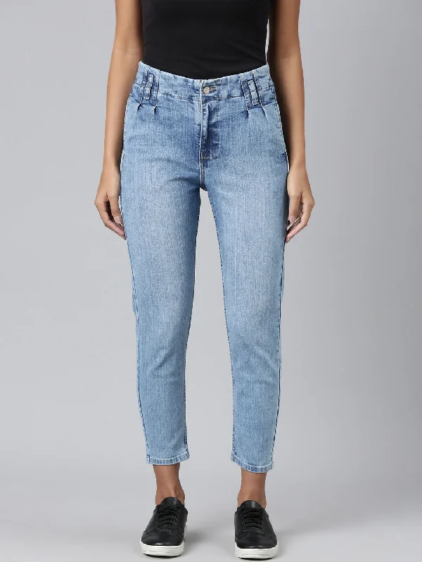 High-end Design Women Blue Solid Mom Fit Denim Jeans