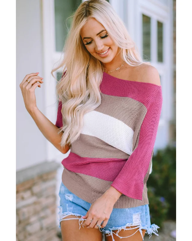Trendy And Casual Azura Exchange Half Sleeve Contrast Stripe Knit Sweater - M