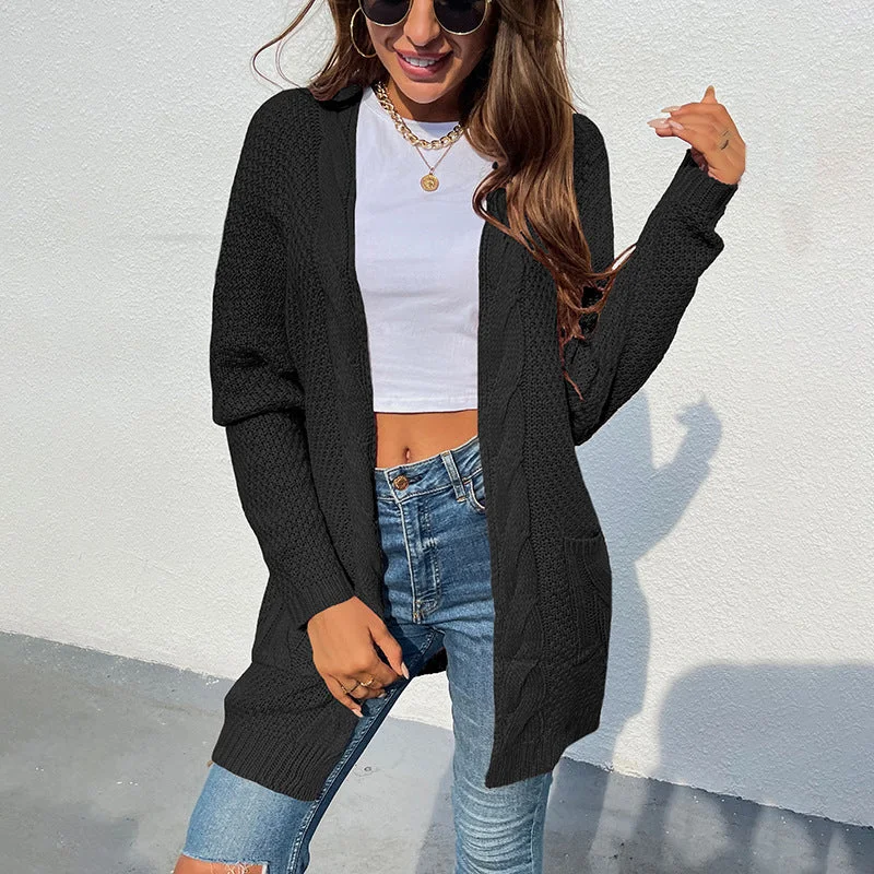 Design And Tailoring Mid-length Knitted Cardigan Jacket With Twist Pockets