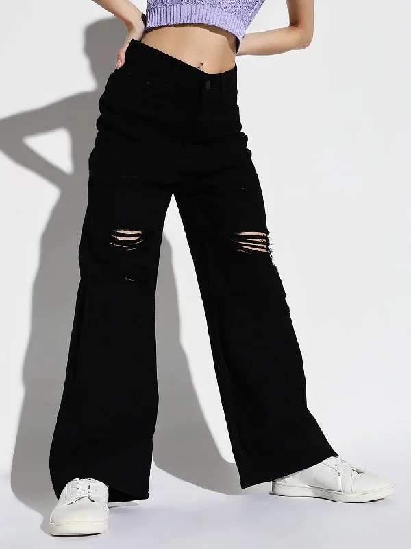 Chic Comfort Women Black Wide Leg Jeans
