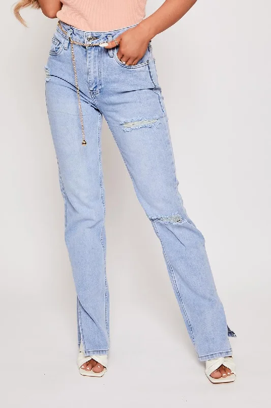 Exquisite Tailoring Danni - Belted Ankle Slit Light Blue Mom Jeans