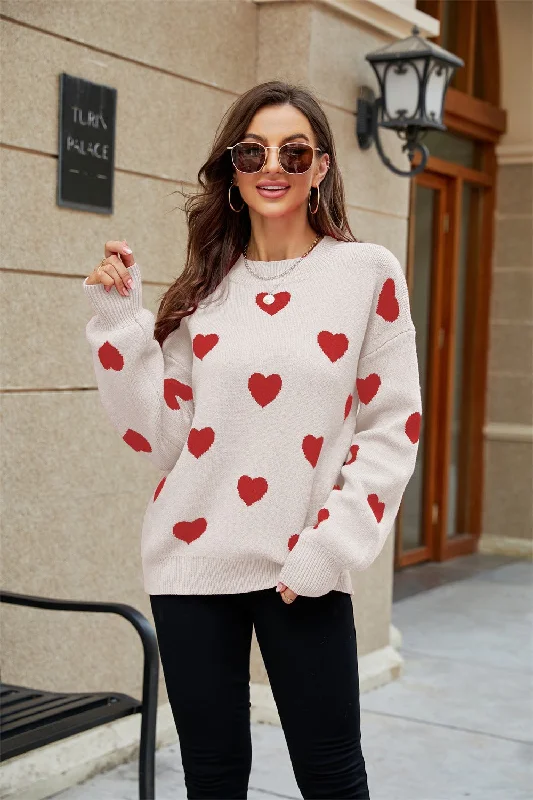 High-waisted pants style New Valentine's Day Heart Round Neck Plus Size Loose Women's Knit Sweater