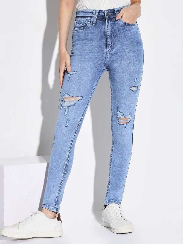 Simple Solid Color Women Blue Skinny Fit Jeans
