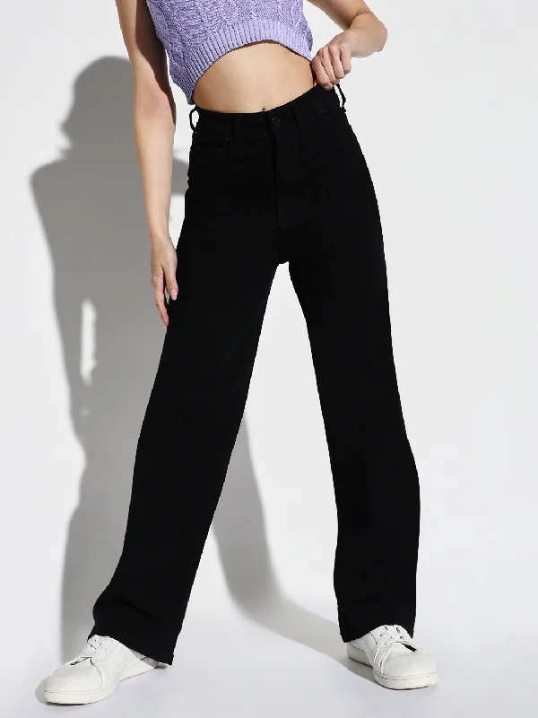 Weekend Style Women Black Wide Leg Jeans