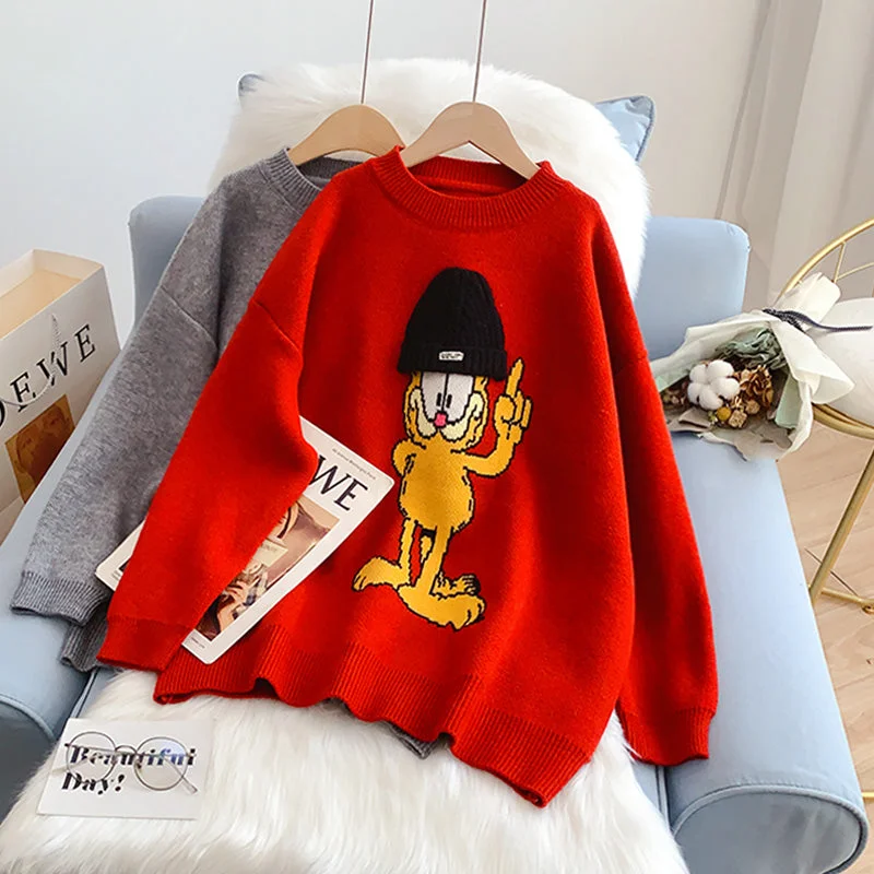 Wearable At Home Or Out Cartoon pattern Crew Neck Sweater lazy style  5007