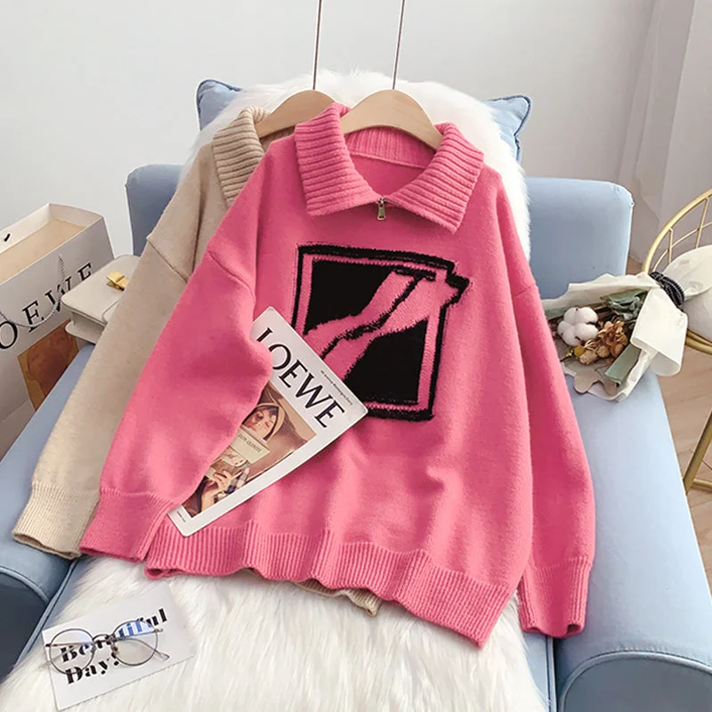 Effortless Wear High neck zipper sweater female design sense minority  4985
