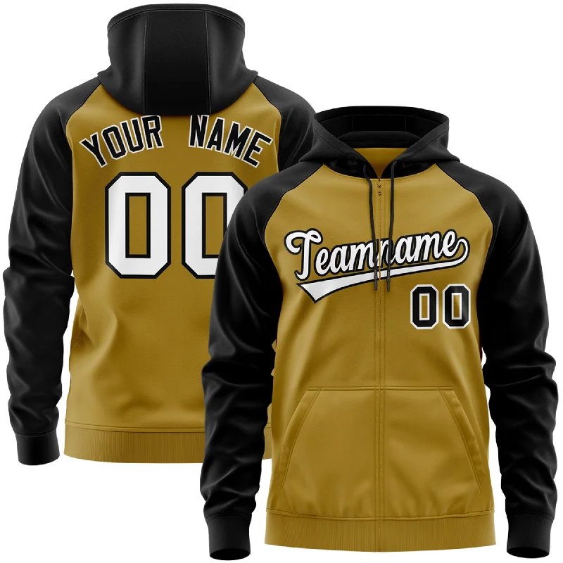 Chic Lounge Custom Stitched Old Gold White-Black Raglan Sleeves Sports Full-Zip Sweatshirt Hoodie Chic Lounge Custom Stitched Old Gold White-Black Raglan Sleeves Sports Full-Zip Sweatshirt Hoodie