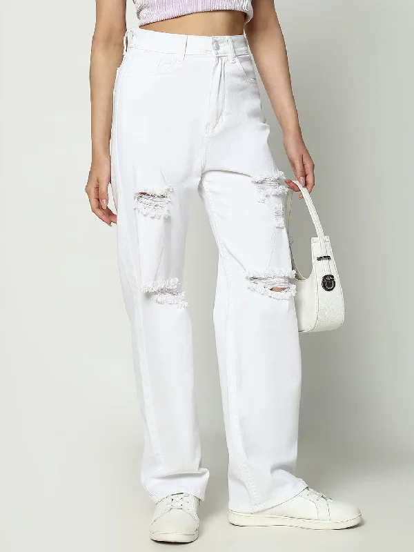 Autumn Selection Women White Solid Straight Fit Jeans