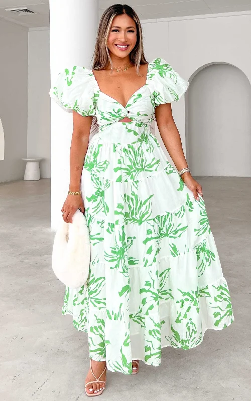 Sports Functional Style Bretta Maxi Dress - White Green Print