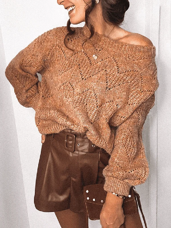 Wandering freely Women Hollow Out Ribbed Knit Crew Neck Casual Long Sleeve Sweaters