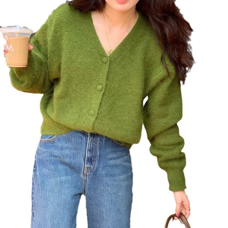Eye-catching Personality Knitted Cardigan Vintage Avocado Green V-neck Lazy Style Sweater