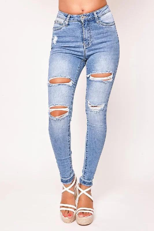 Casual Choice Bree - Blue High Waisted Ripped Skinny Jeans