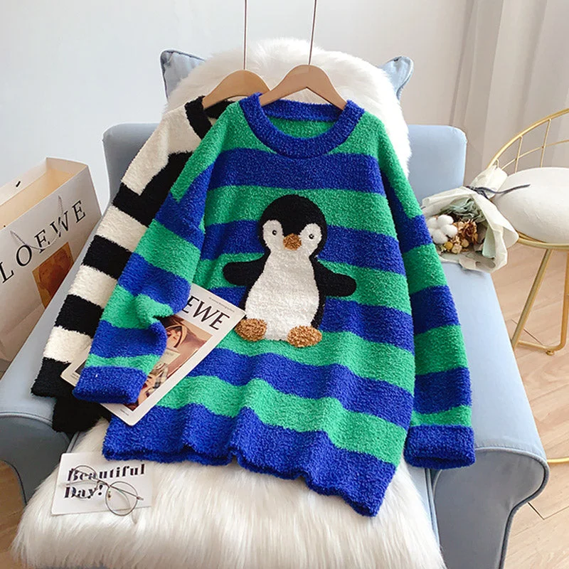 Comfortable Dresses Japanese cute cartoon little penguin stripe lazy wind top  4984