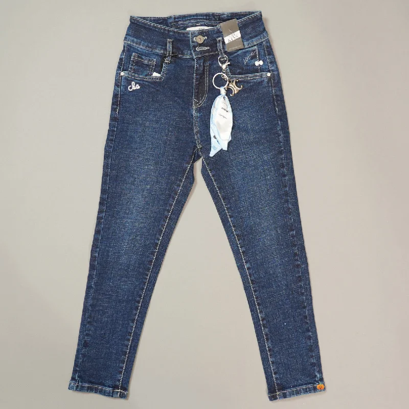 French Style Slim Fit Girls Jeans in Navy Blue Color
