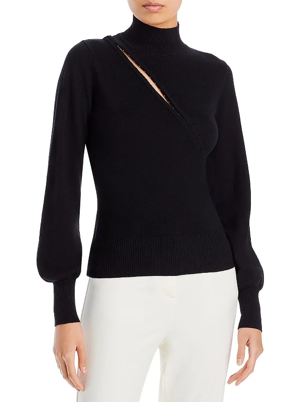 Elegant Style Womens Asymmetric Vent Ribbed Trim Mock Turtleneck Sweater