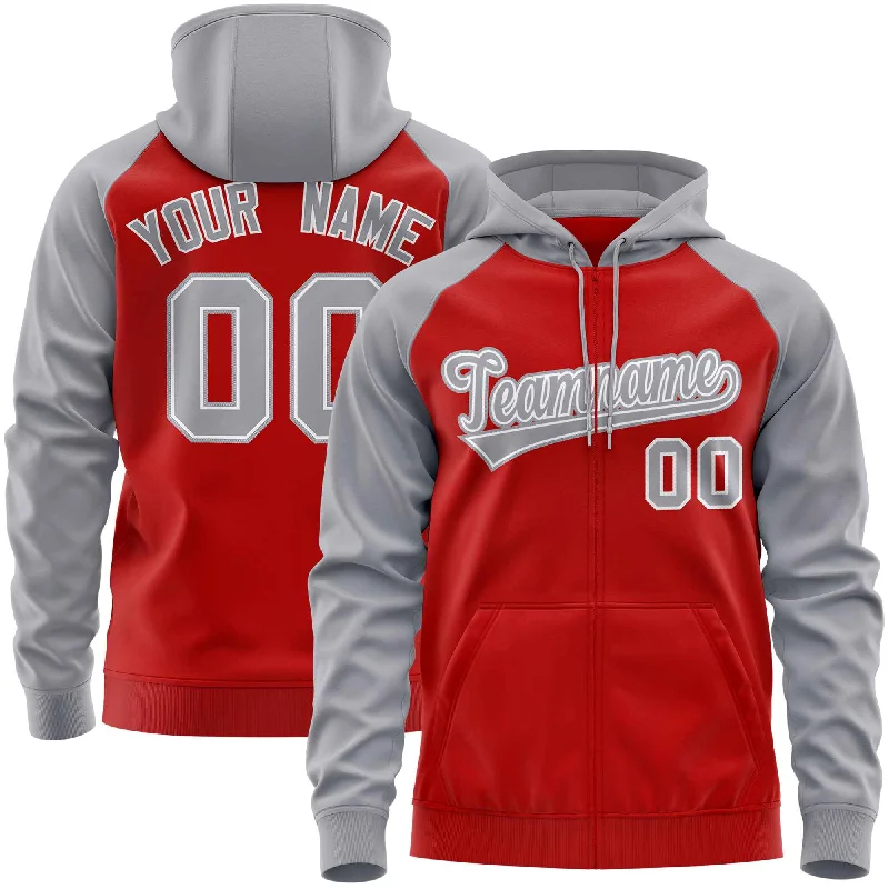 Lounge Wear Custom Stitched Red Light Gray Raglan Sleeves Sports Full-Zip Sweatshirt Hoodie