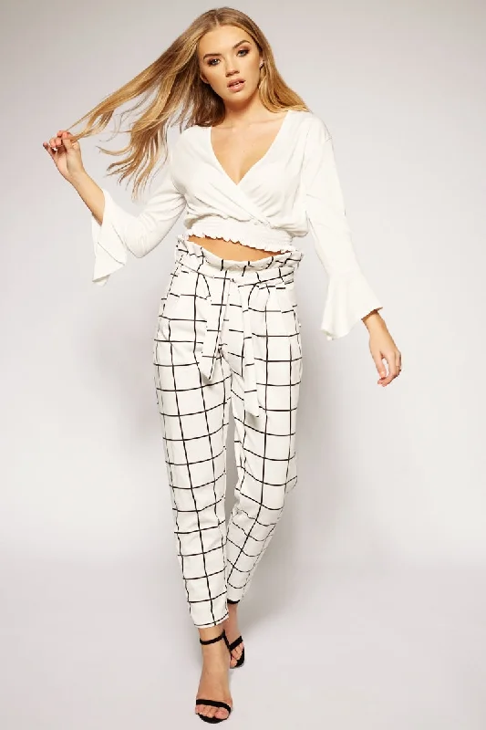 Trendy Comfort Jocie - White Checked High Waisted Cigarette Trousers