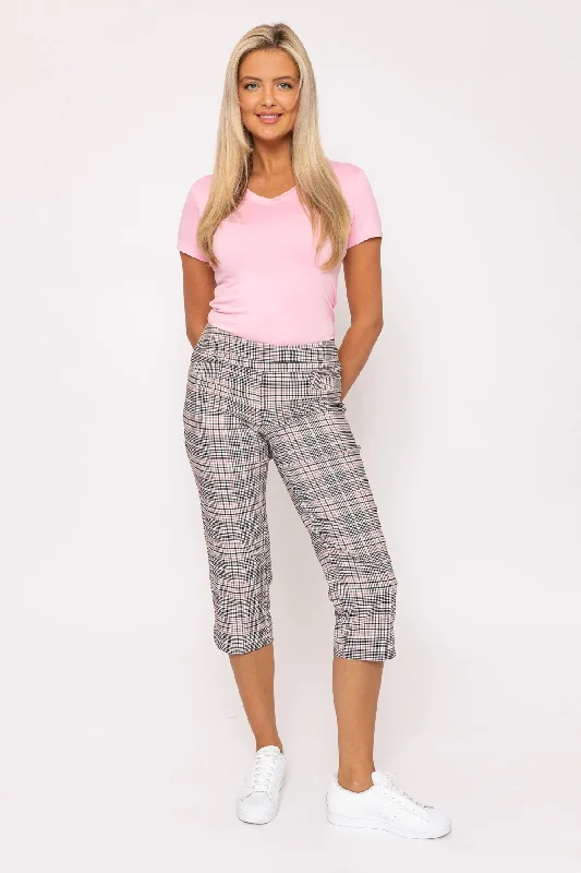 Youthful Street Fashion Bengaline Check Crop Pants in Pink Print