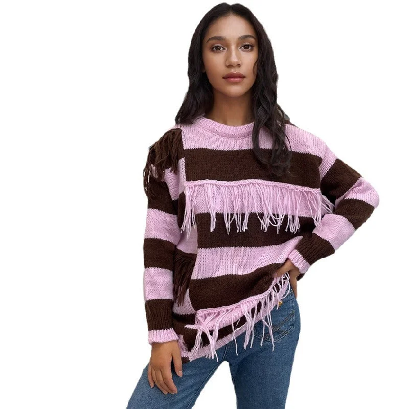 Youthful Street Fashion Contrast Color Tassel Sweater Sweater Striped European And American Top Youthful Street Fashion Contrast Color Tassel Sweater Sweater Striped European And American Top