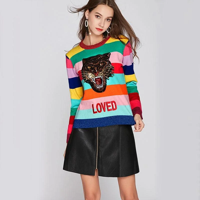 Feminine Charm Runway Design Tiger Sequins Embroidered Women Sweater
