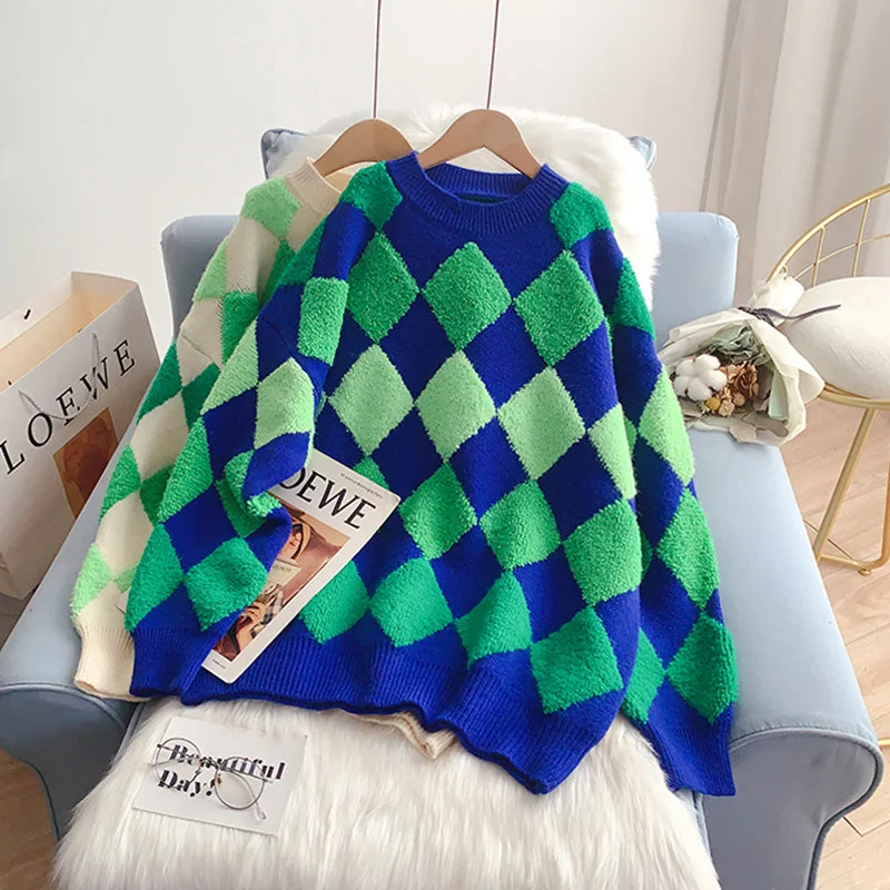 Sports Trend Japanese lazy flocked rhomboid sweater  4994