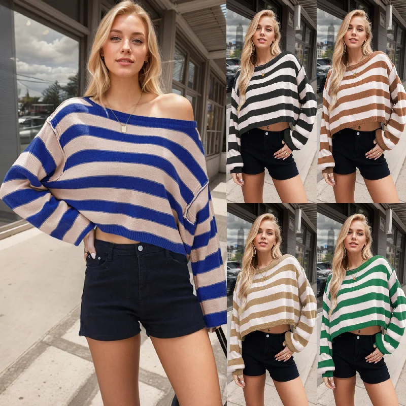 Elegant Wear Women's Pullover Sweater Striped Loose Short