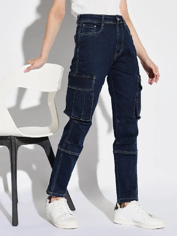 Advanced Design Women Navy Blue Straight Fit Cargo Jeans